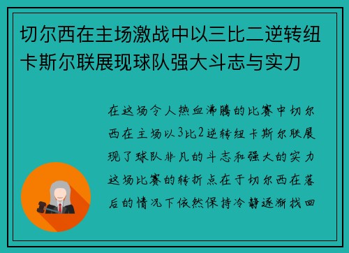 切尔西在主场激战中以三比二逆转纽卡斯尔联展现球队强大斗志与实力