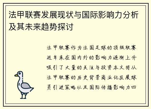 法甲联赛发展现状与国际影响力分析及其未来趋势探讨