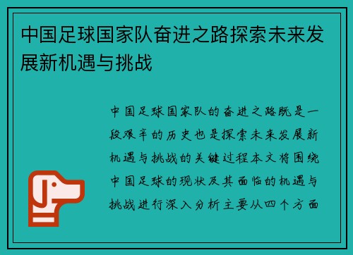 中国足球国家队奋进之路探索未来发展新机遇与挑战